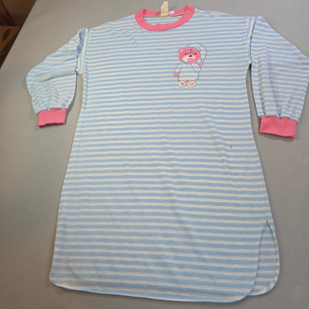 Vintage Jennifer Dale Striped Nightgown Large Blue Pink Bear Sleep Shirt USA